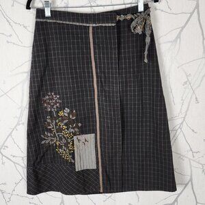 Solola Black Windowpane Checks Floral Embroidered Faux Wrap Skirt